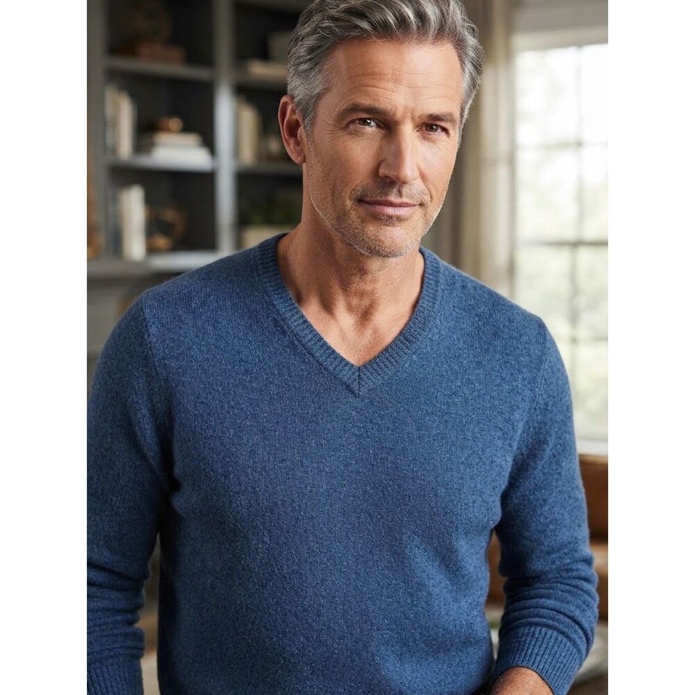 Eddie Bauer Cotton Cashmere V Neck Medium Blue Blend Sweater